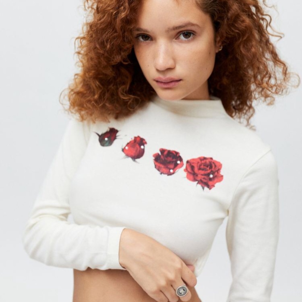 Floral open back mock neck